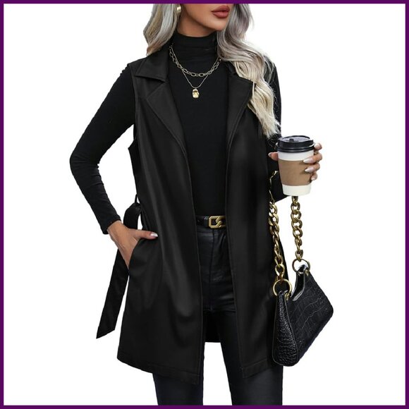 Women's Faux Leather Long Sleeveless Vest with Belt Open Front